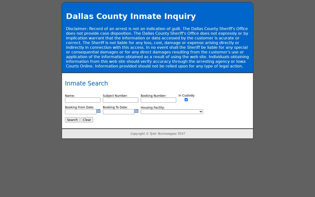 Dallas County warrant records booking inquiry controls